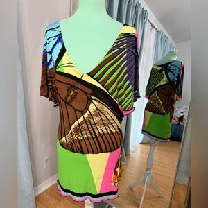 Roberto Cavalli Authentic Colorful Abstract V-Neck Dress
